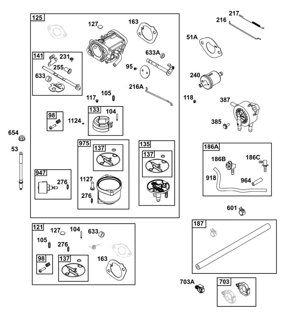 Carburetor And Fuel Supply Group Diagram and Parts List for 40N777-0032-B5 400000 - 699999 Briggs and Stratton Engine